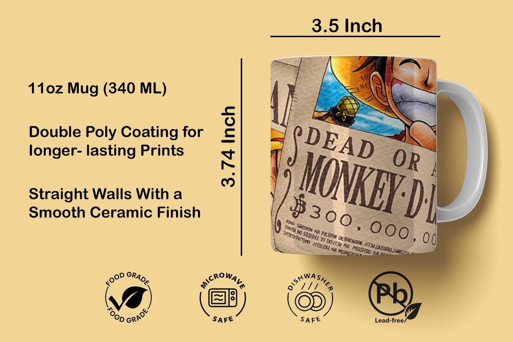 Luffy Printed Coffee Mug, White Ceramic 340Ml for Gifting and Present (MG-077)